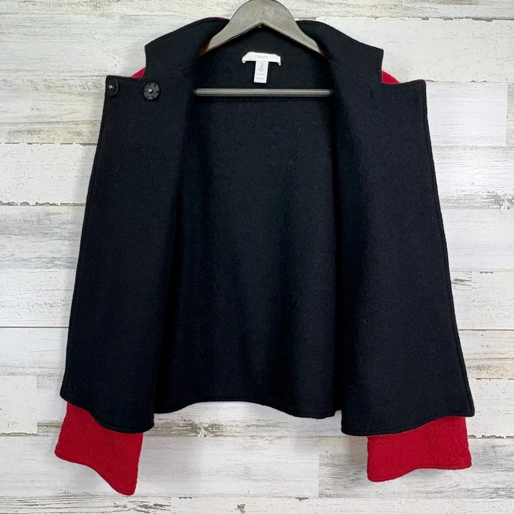 Chicos Red Black Reversible 100% Wool Mandarin Collar Jacket Blazer Sz 2/US 12‎